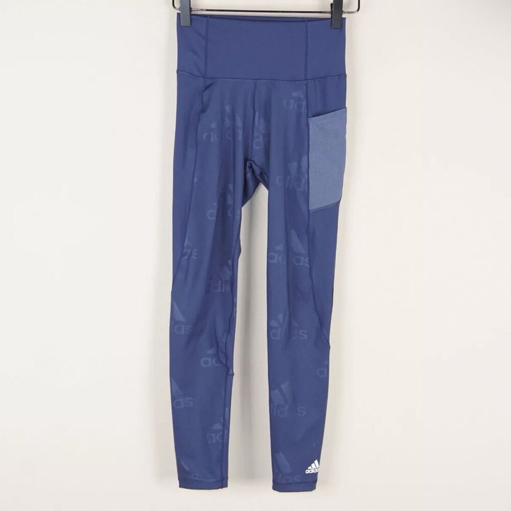 Adidas Believe This Badge Pockets High Rise Blue Print Leggings Womens Sz S